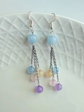 Blue Stone Tassel Earrings Long Dangle
